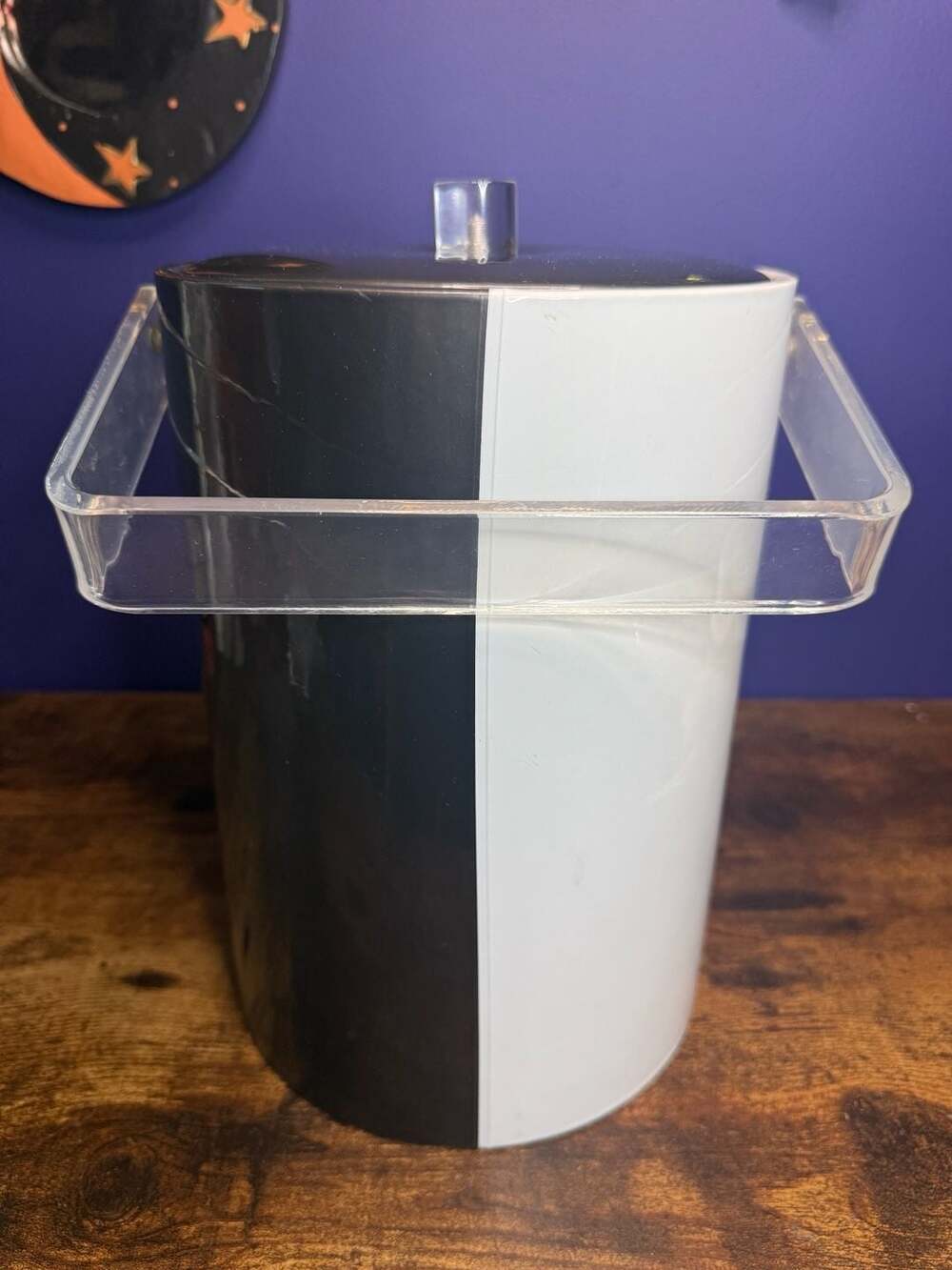 Vintage 1970s dark gray and White Two-Tone Ice Bucket with Clear Acrylic Handle